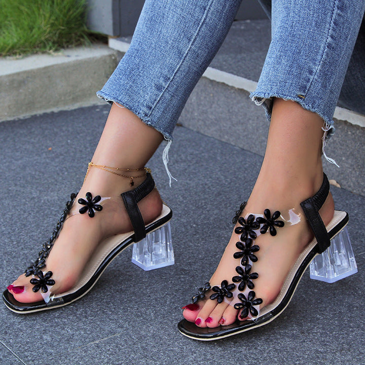 Sandalias con tacón bloque de flores y strass