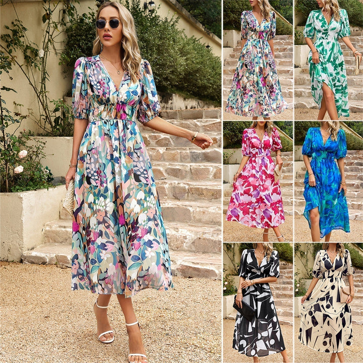 Noa - Vestido elegante con estampado en la cintura y escote en V