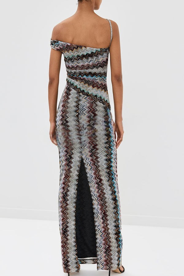Zahara – Vestido maxi de punto zig-zag de un solo hombro