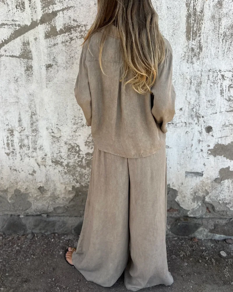 Lola - Conjunto casual de dos piezas con camisa lisa y pierna ancha