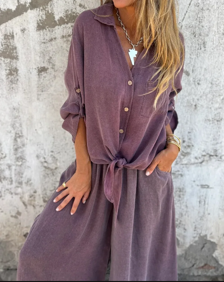 Lola - Conjunto casual de dos piezas con camisa lisa y pierna ancha