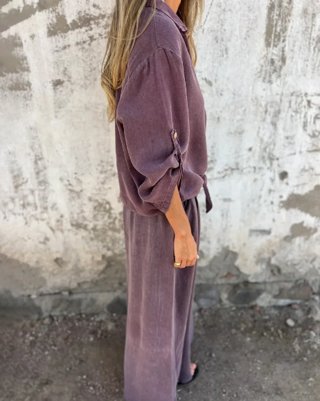 Lola - Conjunto casual de dos piezas con camisa lisa y pierna ancha