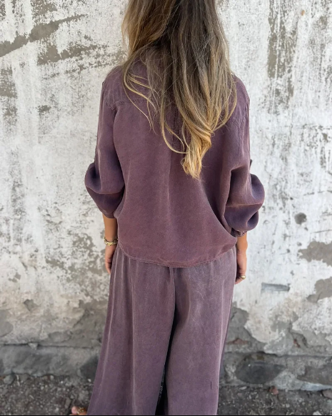 Lola - Conjunto casual de dos piezas con camisa lisa y pierna ancha