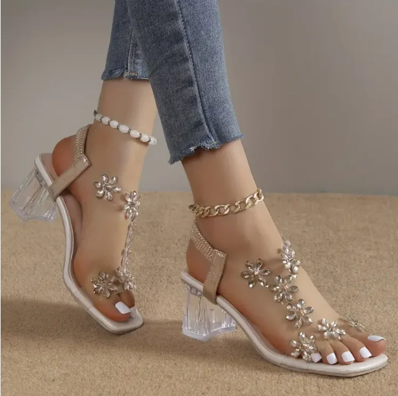 Sandalias con tacón bloque de flores y strass
