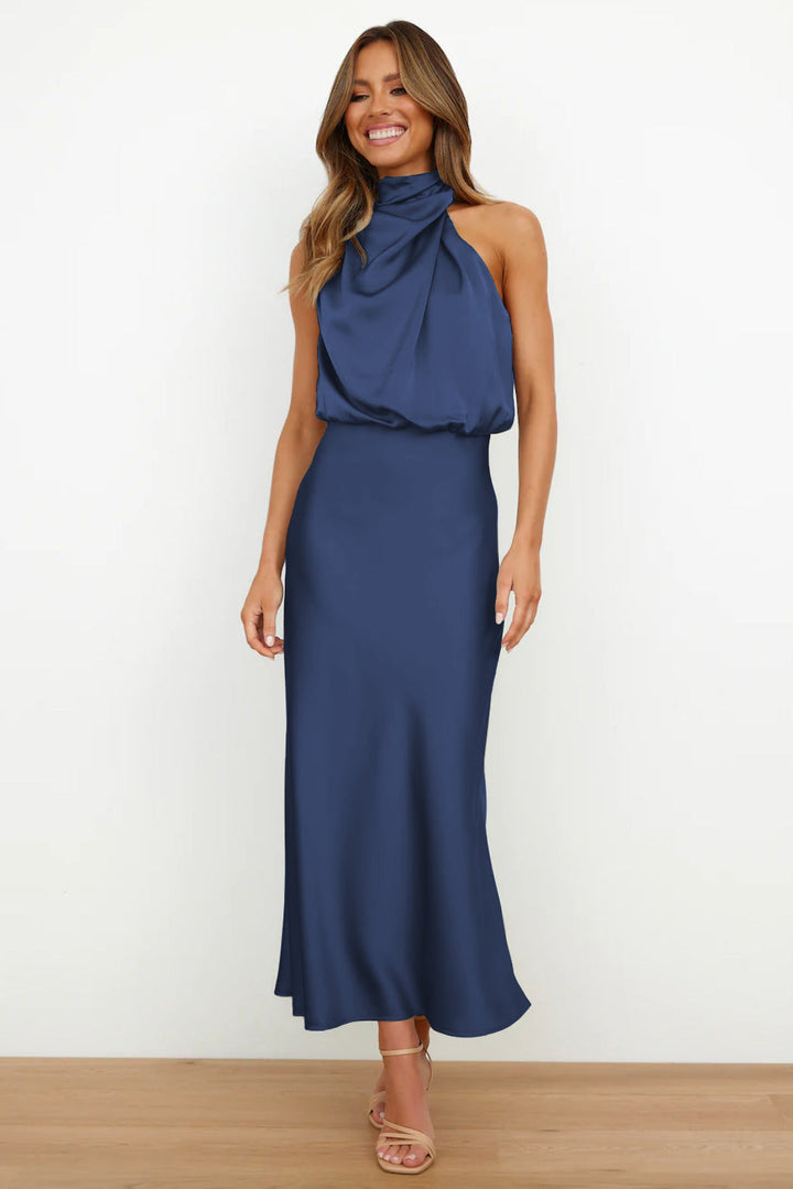 Miranda – Vestido satinado midi de cuello drapeado