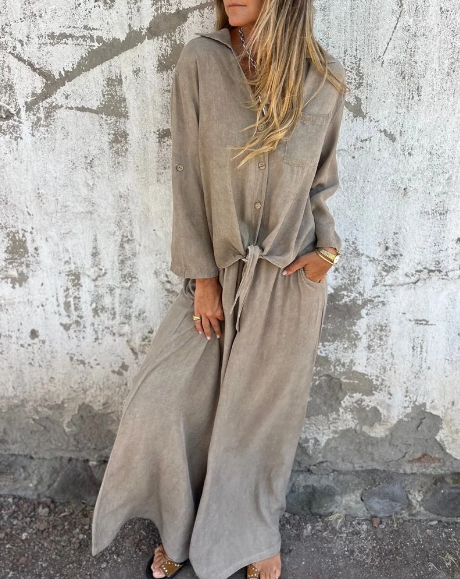 Lola - Conjunto casual de dos piezas con camisa lisa y pierna ancha