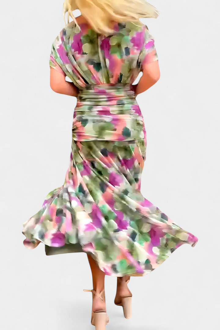 Vestido Largo con Estampado Floral Fantasía y Escote en V