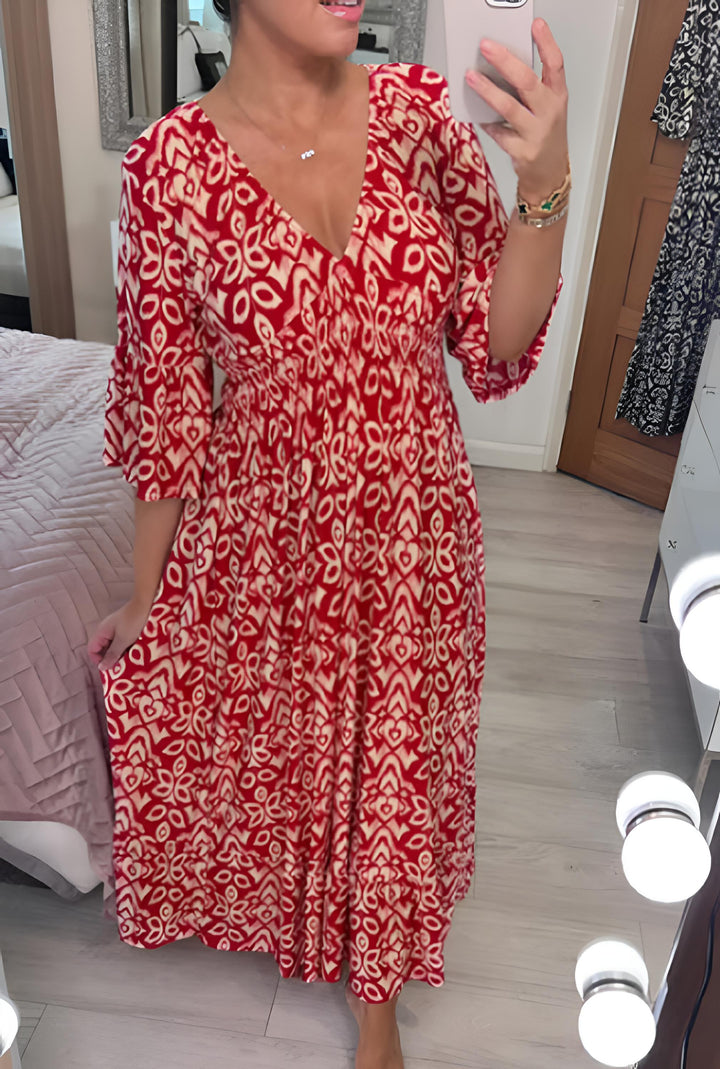 Nerea - Vestido largo bohemio casual con estampado, escote en V y cintura cruzada