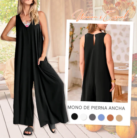 Deisy - Mono informal de pierna ancha sin mangas con cuello en V