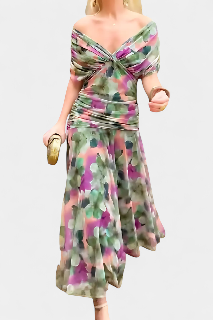 Vestido Largo con Estampado Floral Fantasía y Escote en V