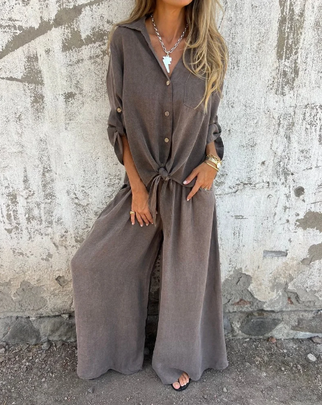 Lola - Conjunto casual de dos piezas con camisa lisa y pierna ancha