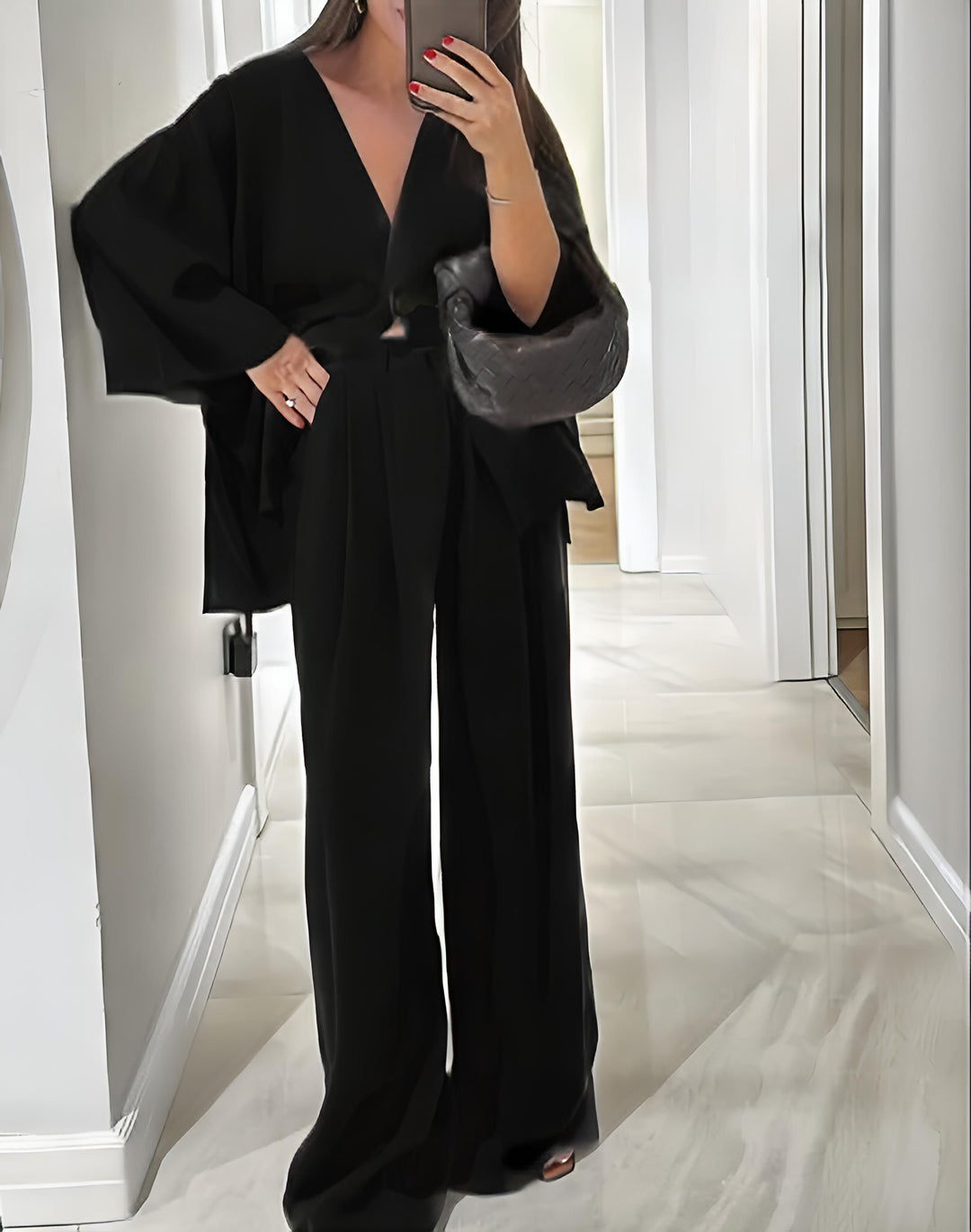 Amalia - Conjunto casual de dos piezas de top y pantalón con cuello en V