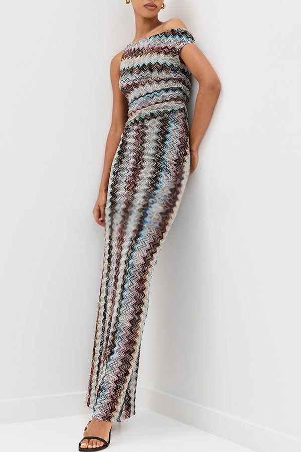 Zahara – Vestido maxi de punto zig-zag de un solo hombro