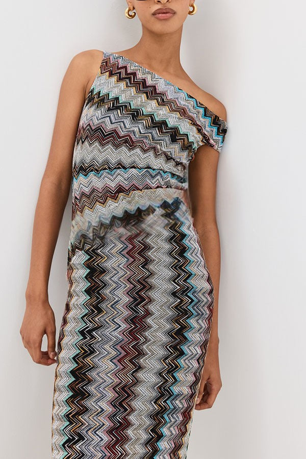 Zahara – Vestido maxi de punto zig-zag de un solo hombro