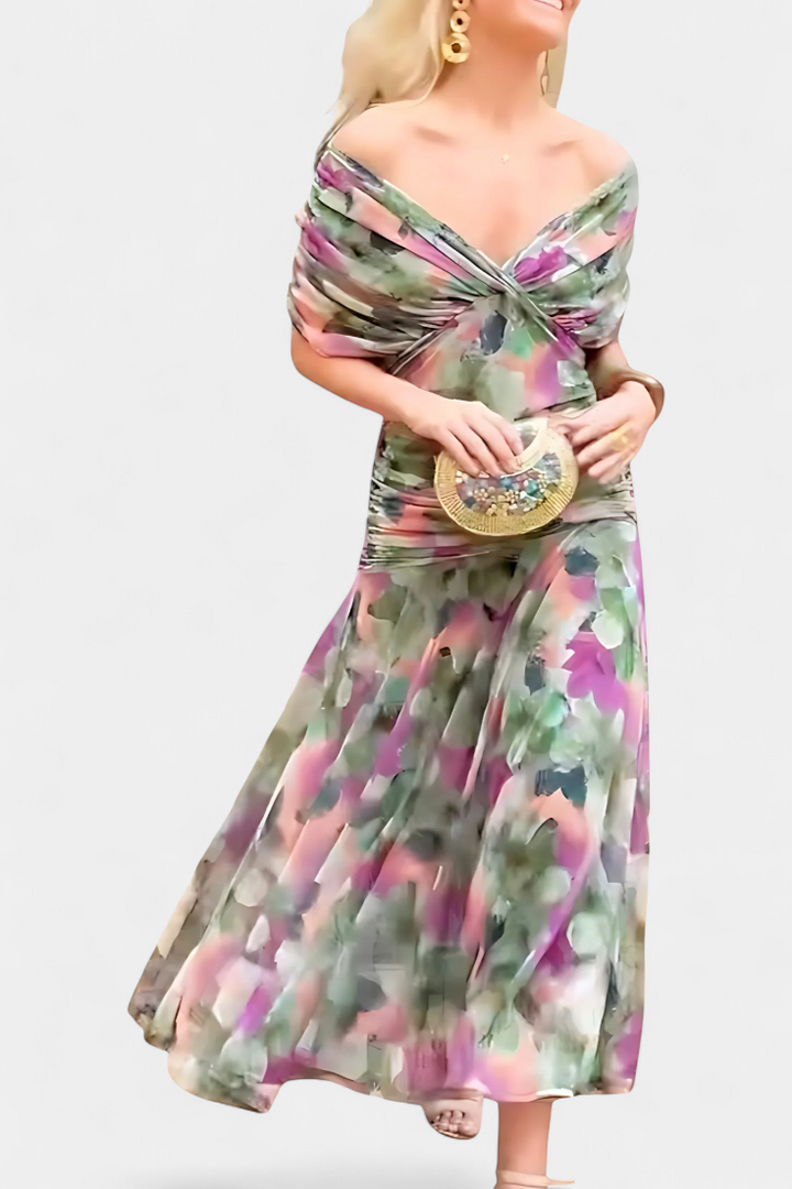 Vestido Largo con Estampado Floral Fantasía y Escote en V