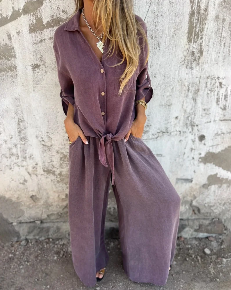 Lola - Conjunto casual de dos piezas con camisa lisa y pierna ancha