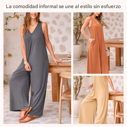 Deisy - Mono informal de pierna ancha sin mangas con cuello en V