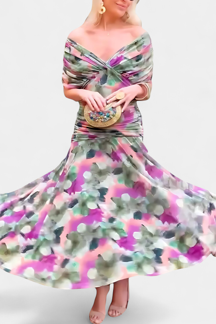 Vestido Largo con Estampado Floral Fantasía y Escote en V