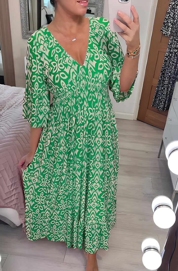 Nerea - Vestido largo bohemio casual con estampado, escote en V y cintura cruzada