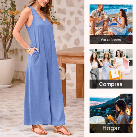 Deisy - Mono informal de pierna ancha sin mangas con cuello en V