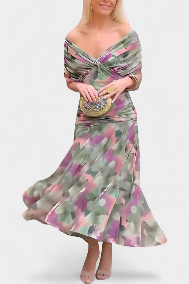 Vestido Largo con Estampado Floral Fantasía y Escote en V