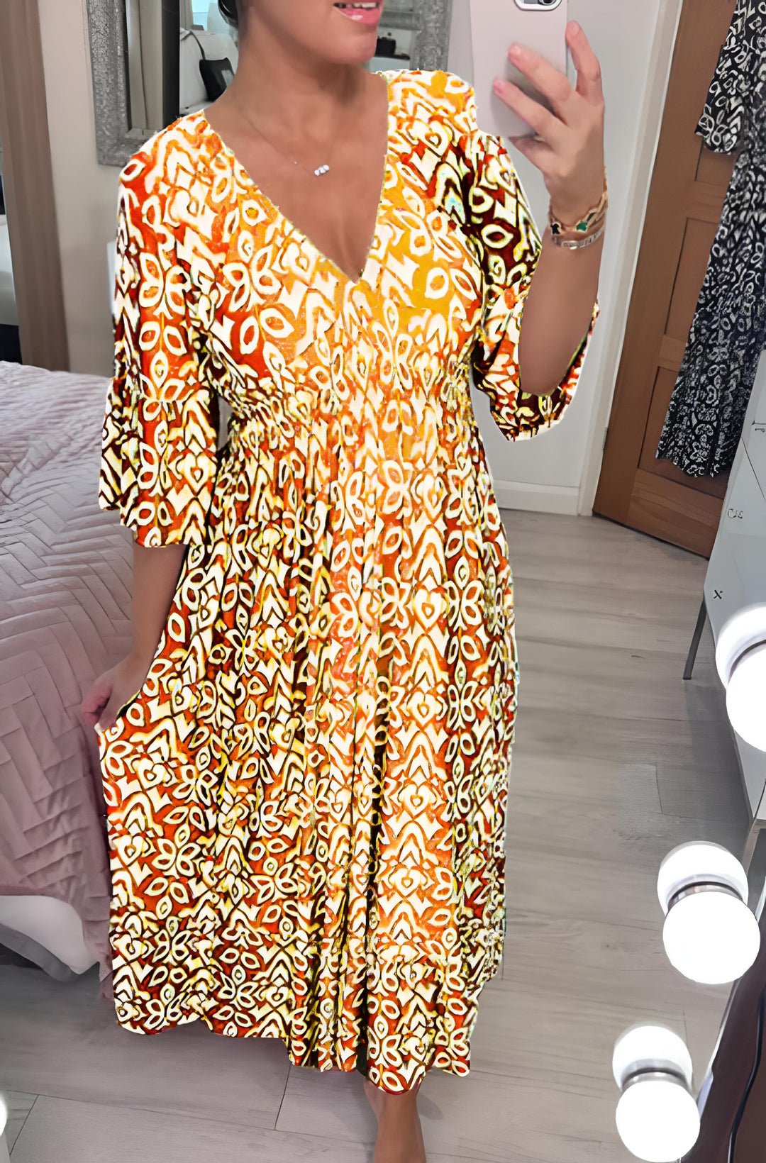 Nerea - Vestido largo bohemio casual con estampado, escote en V y cintura cruzada