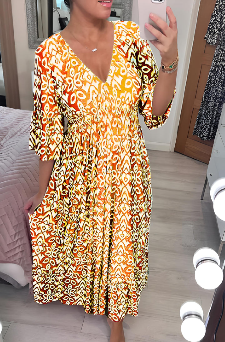 Nerea - Vestido largo bohemio casual con estampado, escote en V y cintura cruzada