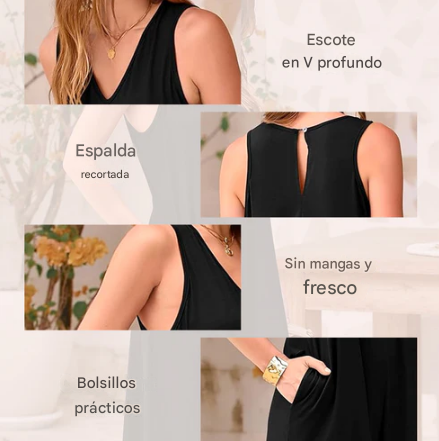 Deisy - Mono informal de pierna ancha sin mangas con cuello en V