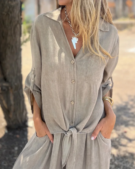 Lola - Conjunto casual de dos piezas con camisa lisa y pierna ancha