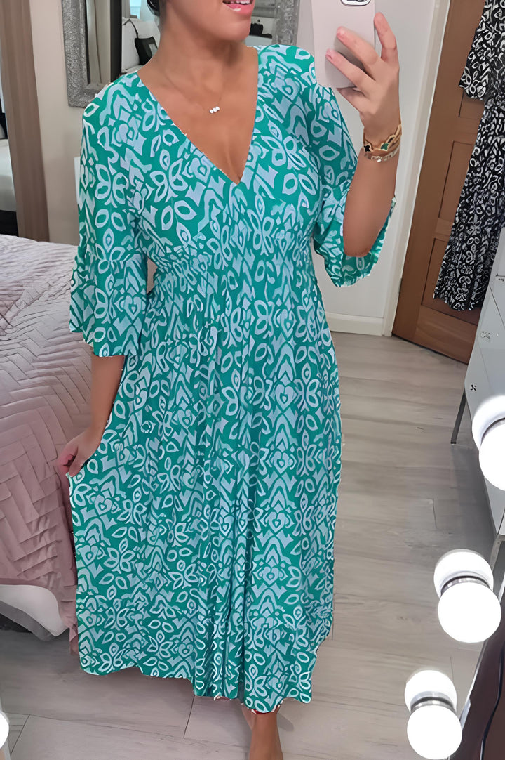 Nerea - Vestido largo bohemio casual con estampado, escote en V y cintura cruzada