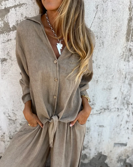 Lola - Conjunto casual de dos piezas con camisa lisa y pierna ancha
