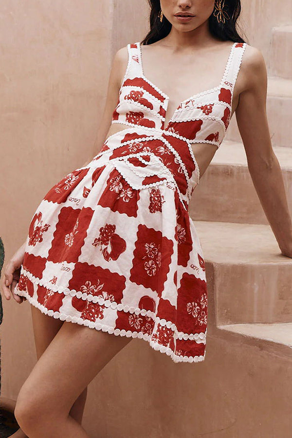 Alessia – Vestido mini de lino con ribetes ric rac y recortes