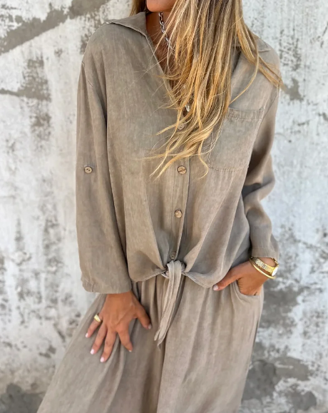 Lola - Conjunto casual de dos piezas con camisa lisa y pierna ancha
