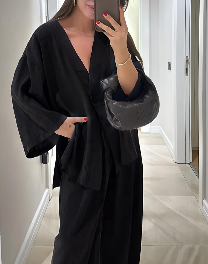 Amalia - Conjunto casual de dos piezas de top y pantalón con cuello en V