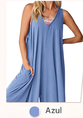 Deisy - Mono informal de pierna ancha sin mangas con cuello en V