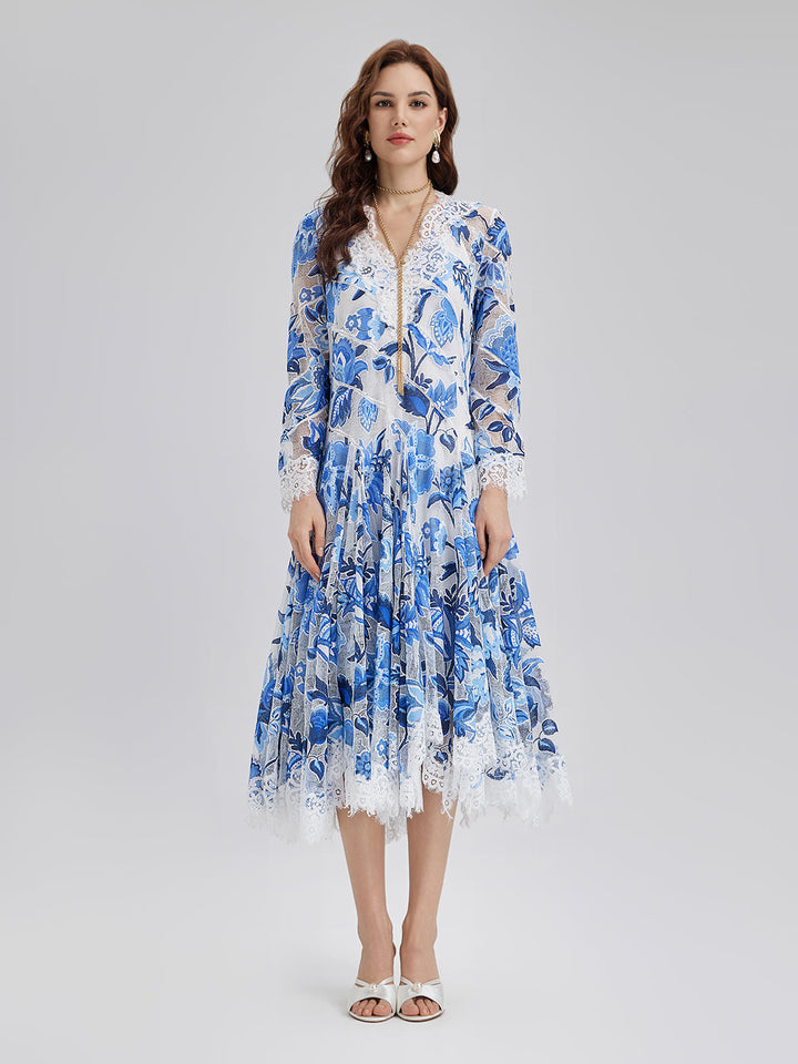 Elodie – Vestido midi jacquard floral azul