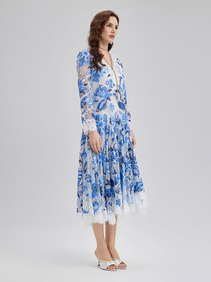Elodie – Vestido midi jacquard floral azul