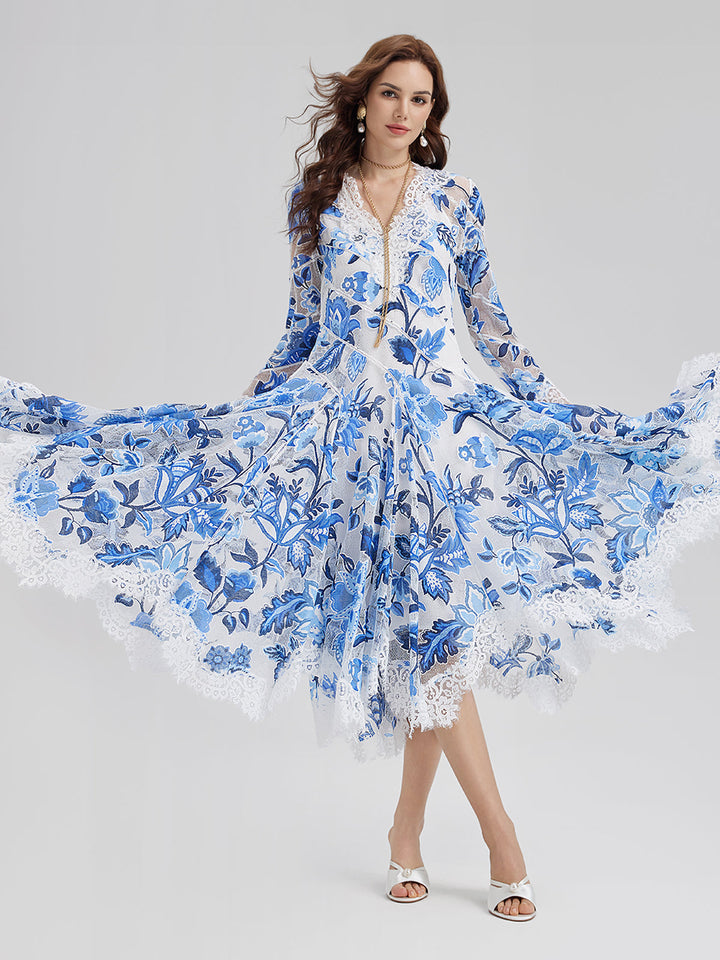 Elodie – Vestido midi jacquard floral azul