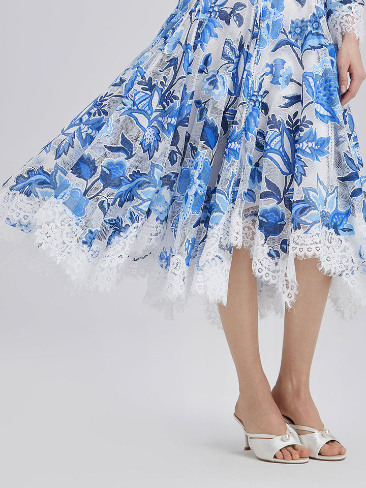 Elodie – Vestido midi jacquard floral azul