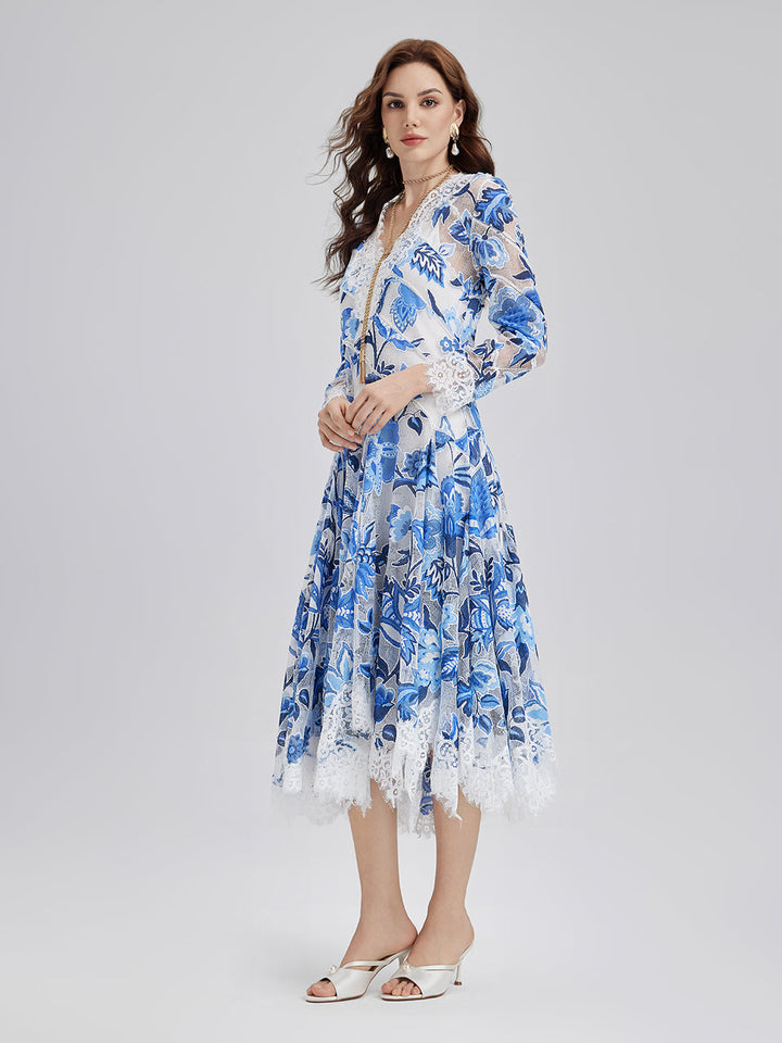 Elodie – Vestido midi jacquard floral azul
