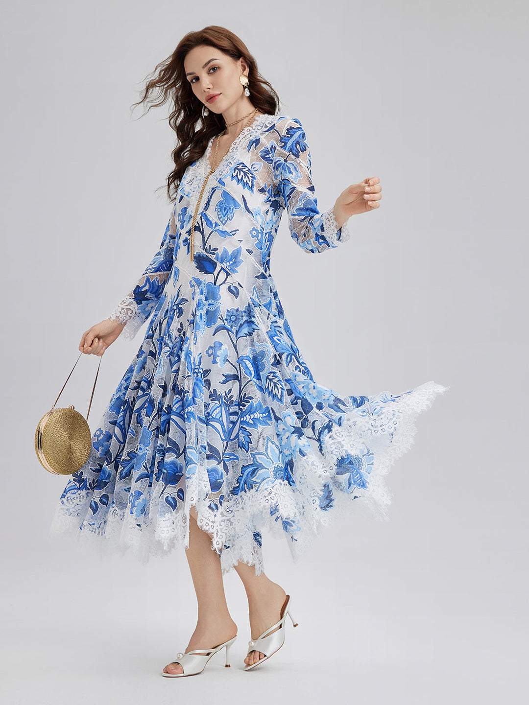 Elodie – Vestido midi jacquard floral azul