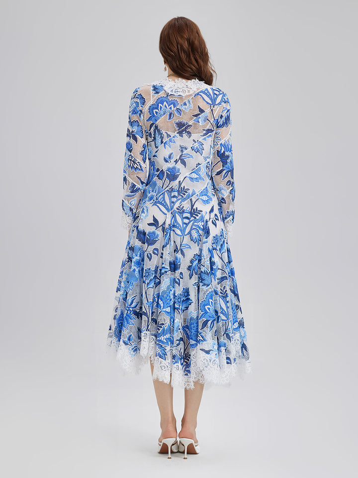Elodie – Vestido midi jacquard floral azul