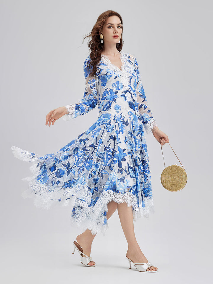 Elodie – Vestido midi jacquard floral azul