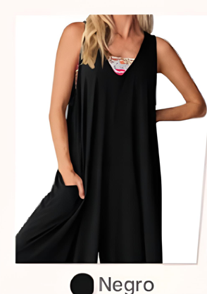 Deisy - Mono informal de pierna ancha sin mangas con cuello en V