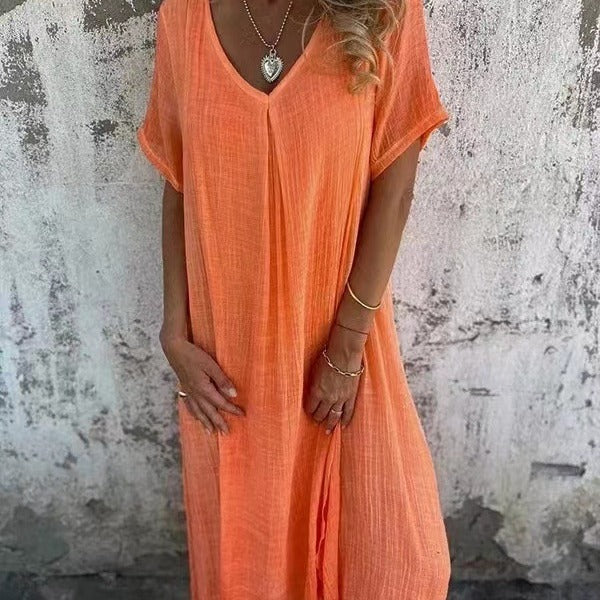 Rosario - Vestido largo suelto de algodón y lino
