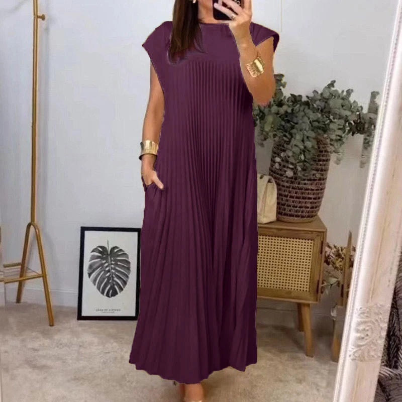 Maricarmen - Vestido elegante plisado sin mangas de color liso