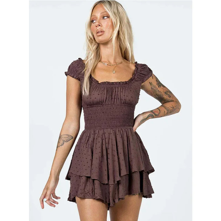 Celeste – Vestido vaporoso sin mangas, cuello cuadrado y falda escalonada