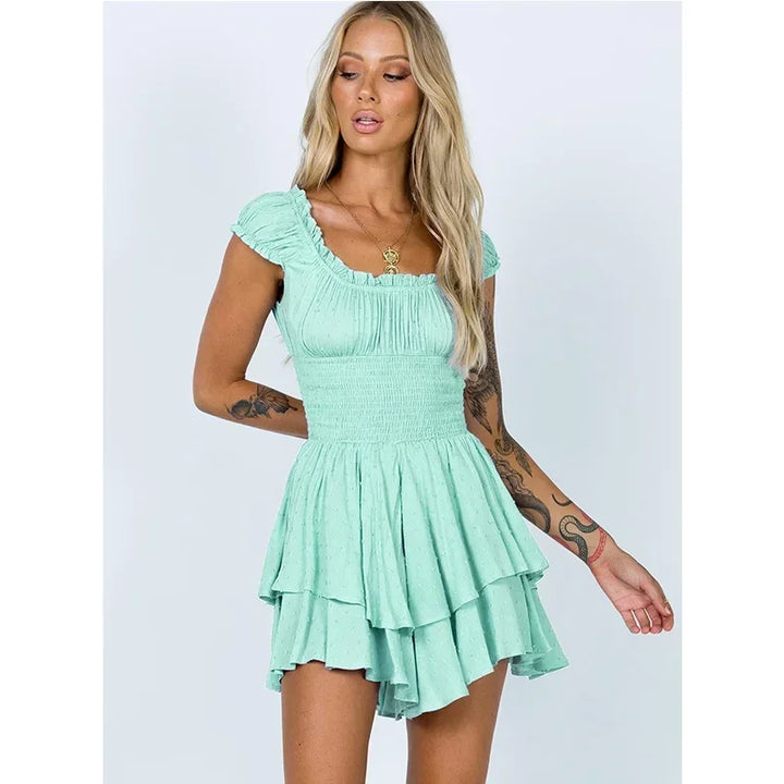 Celeste – Vestido vaporoso sin mangas, cuello cuadrado y falda escalonada