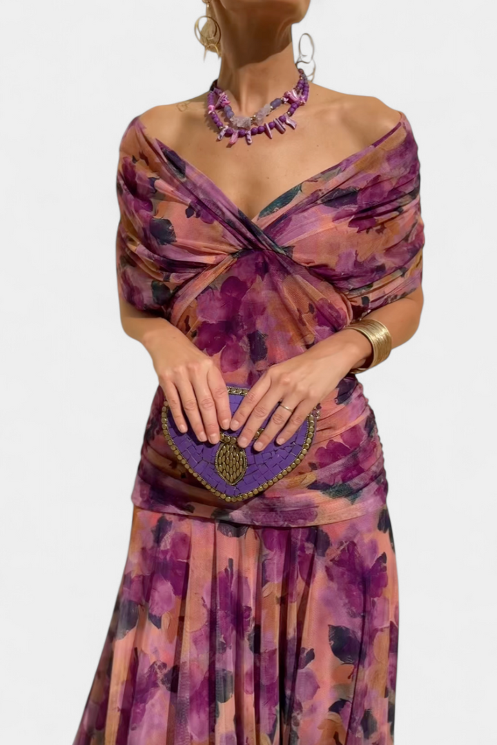 Vestido Largo con Estampado Floral Fantasía y Escote en V