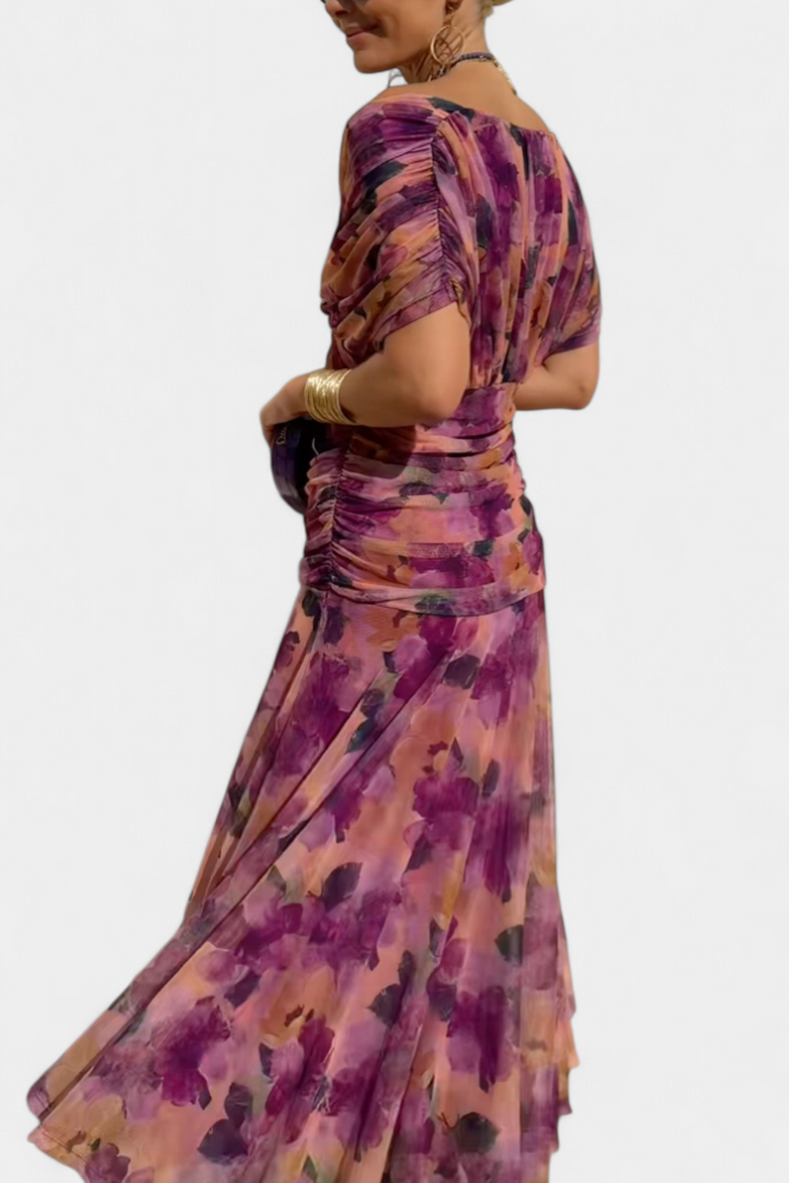 Vestido Largo con Estampado Floral Fantasía y Escote en V